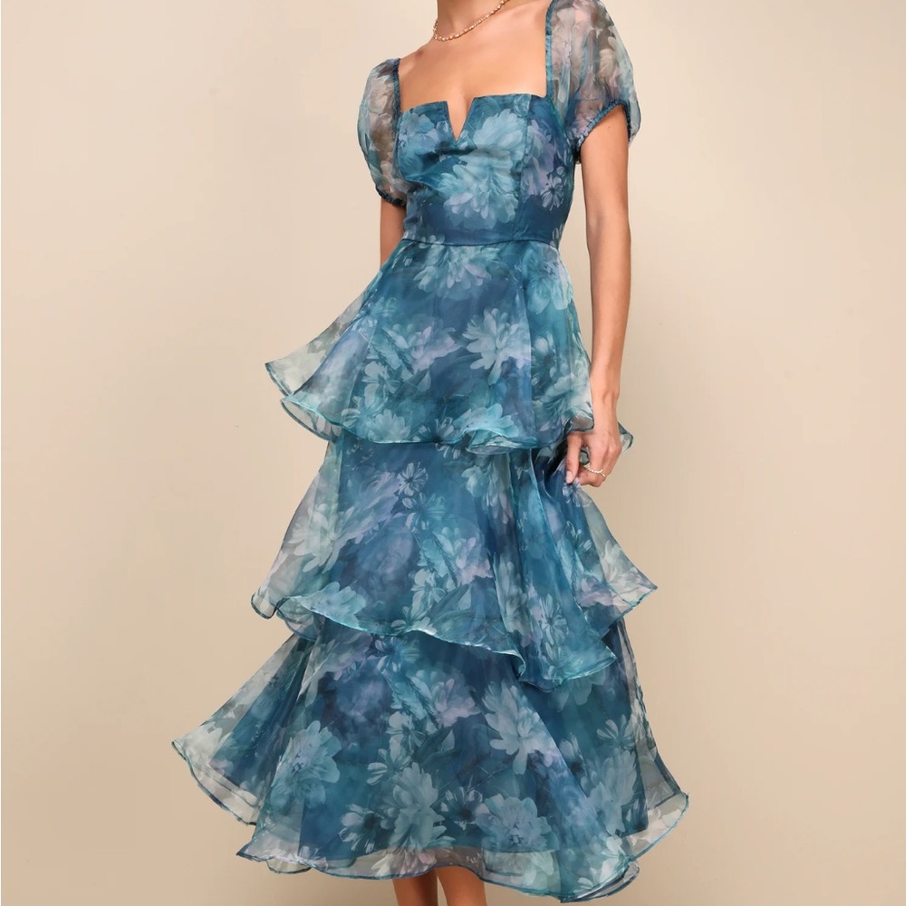 Darling Vision Teal Floral Organza Puff Sleeve Tiered Midi Dress Lulus M